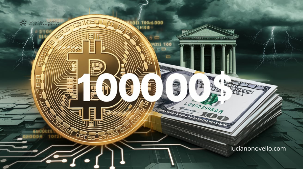 Bitcoin raggiunge il valore di 100.000 dollari – Confronto simbolico tra Bitcoin e il Dollaro USA.
