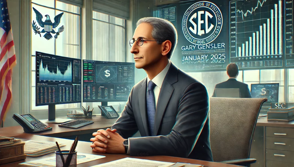 Ritratto di un uomo in giacca e cravatta seduto in un ufficio formale con logo della SEC sullo sfondo, simbolo di finanza e leadership.
