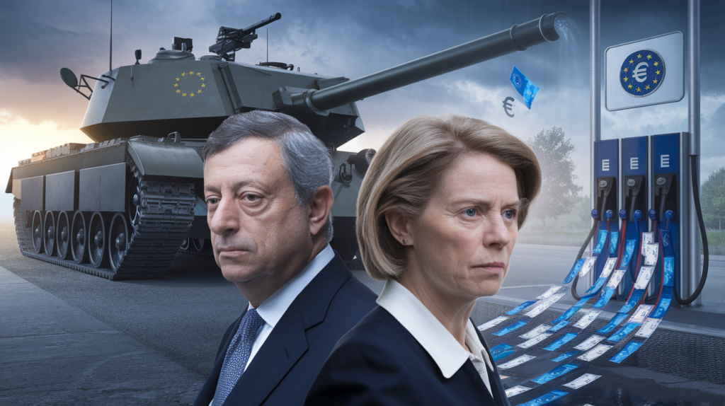 Mario Draghi e Ursula von der Leyen in primo piano con espressioni serie. Sullo sfondo, un carro armato con il logo dell’Unione Europea viene rifornito con banconote ed euro digitali da una stazione di servizio che rappresenta la Banca Centrale Europea.