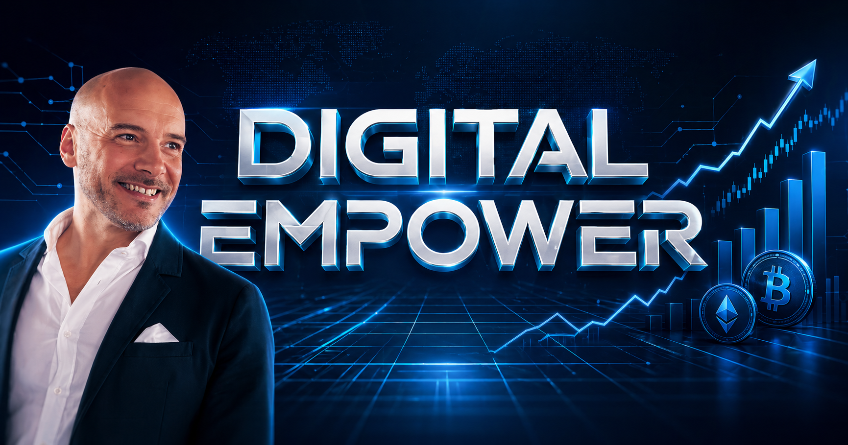 Luciano Novello con grafica Digital Empower, Bitcoin e digital asset
