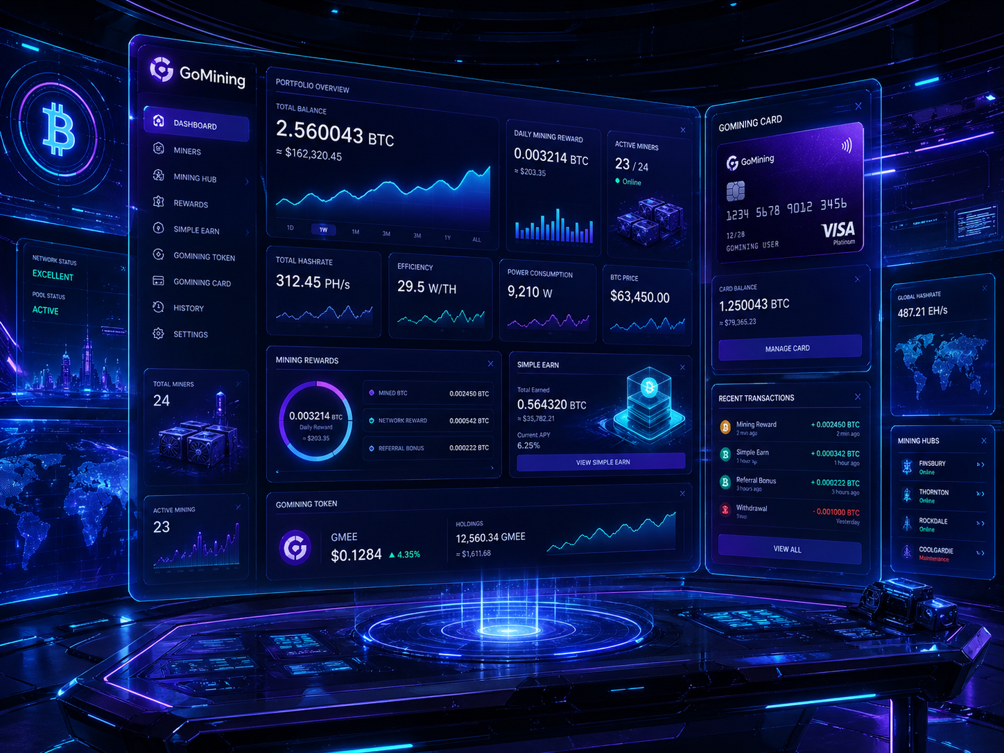 Dashboard GoMining futuristica con dati di mining Bitcoin, hashrate, ricompense e Simple Earn