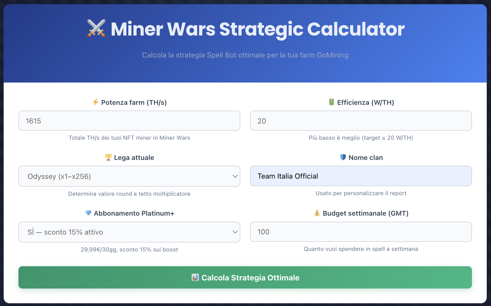 Screenshot del Miner Wars Strategic Calculator