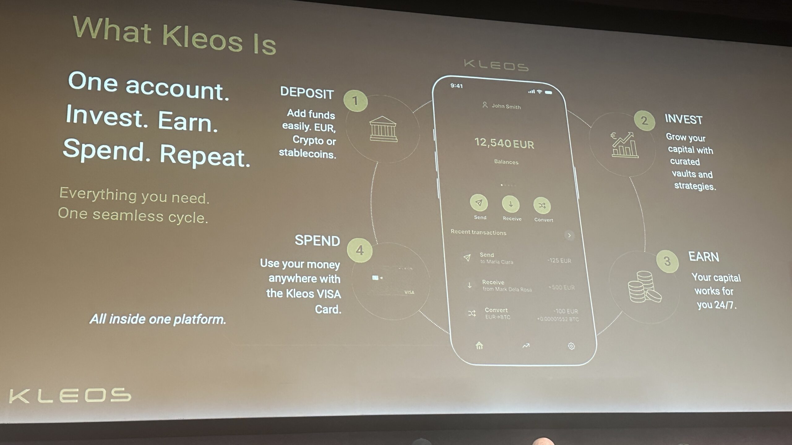 Kleos active capital deposit invest earn spend repeat in un solo account