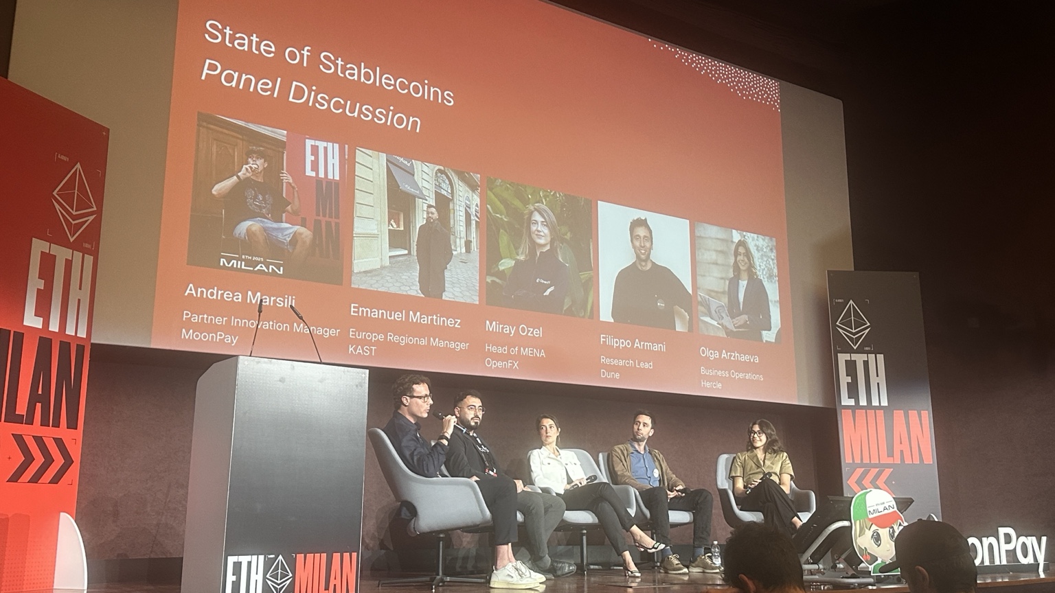 ETHMilan 2026 State of Stablecoins panel discussion con Andrea Marsili, Emanuel Martinez, Miray Ozel, Filippo Armani e Olga Arzhaeva