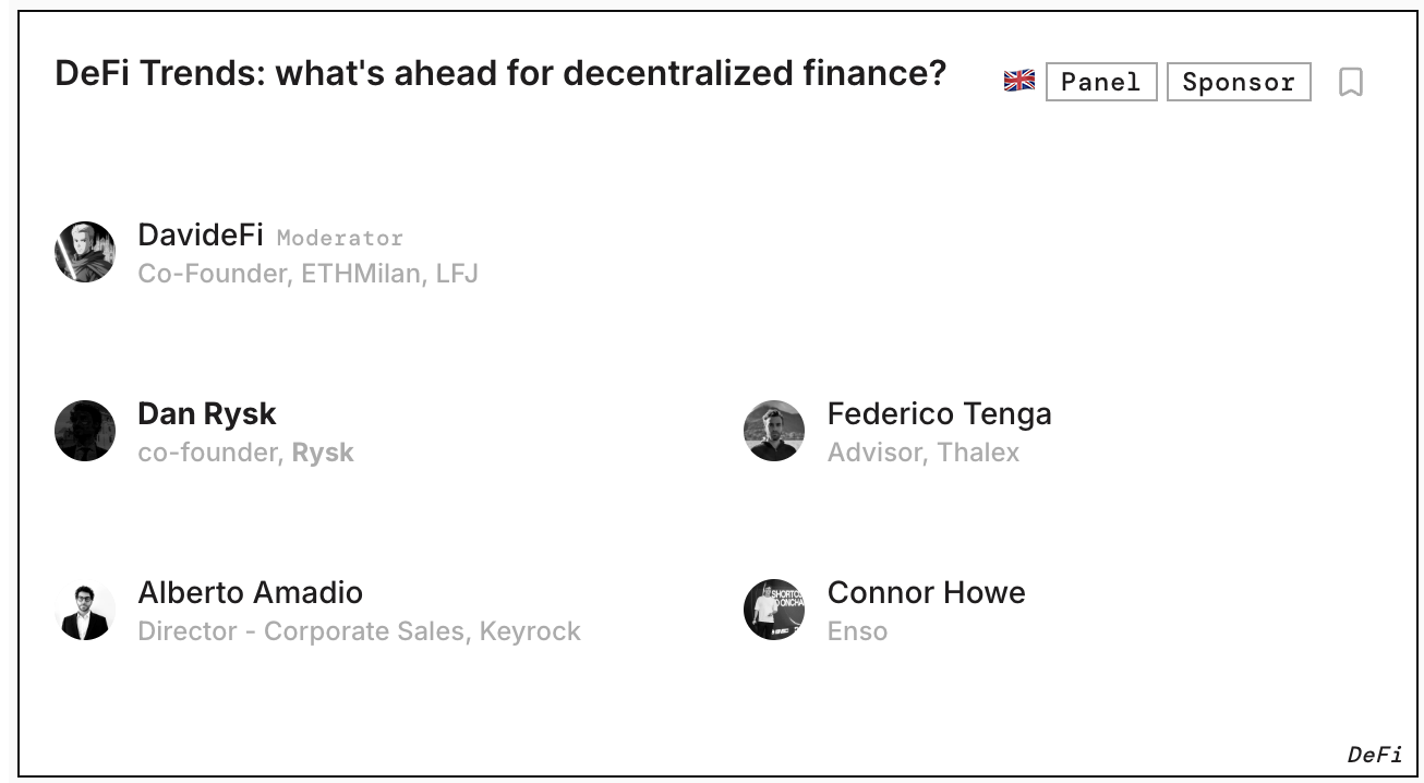 Speaker slide DeFi Trends ETHMilan 2026 con DavideFi Dan Rysk Federico Tenga Alberto Amadio e Connor Howe