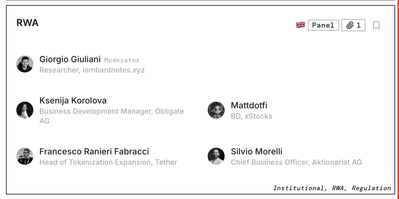 Speaker card RWA ETHMilan 2026 con Giorgio Giuliani Ksenija Korolova Mattdotfi Francesco Ranieri Fabracci e Silvio Morelli