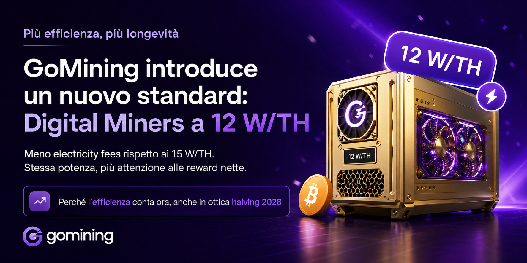Digital Miners GoMining a 12 W/TH e collegamento con efficienza energetica e halving Bitcoin 2028