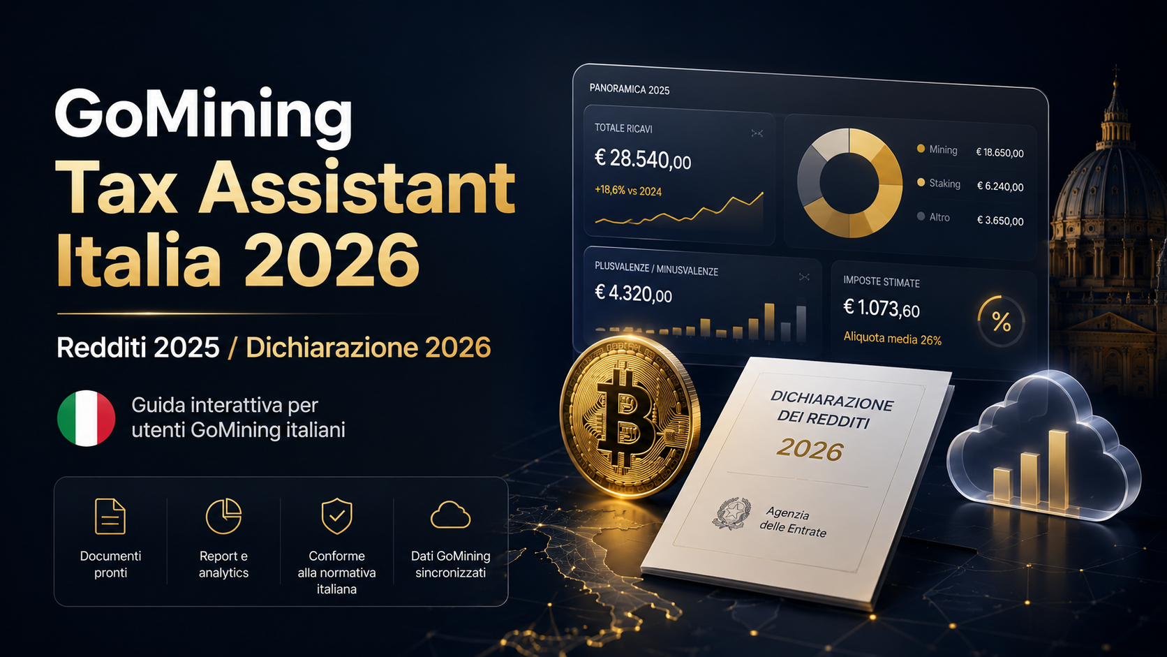 GoMining dichiarazione redditi 2026 con guida su tasse, cloud mining, cripto-attività, Quadro W, Quadro T e 730