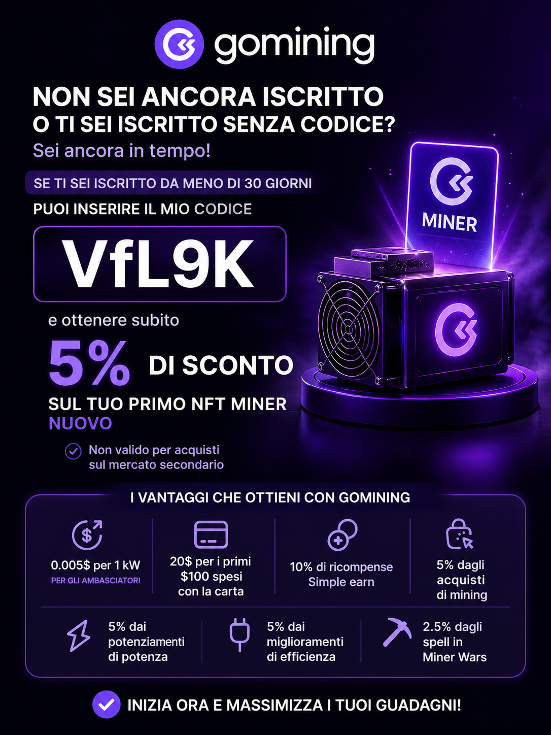 Banner GoMining con codice referral VfL9K per ottenere il 5 percento di sconto sul primo NFT miner nuovo