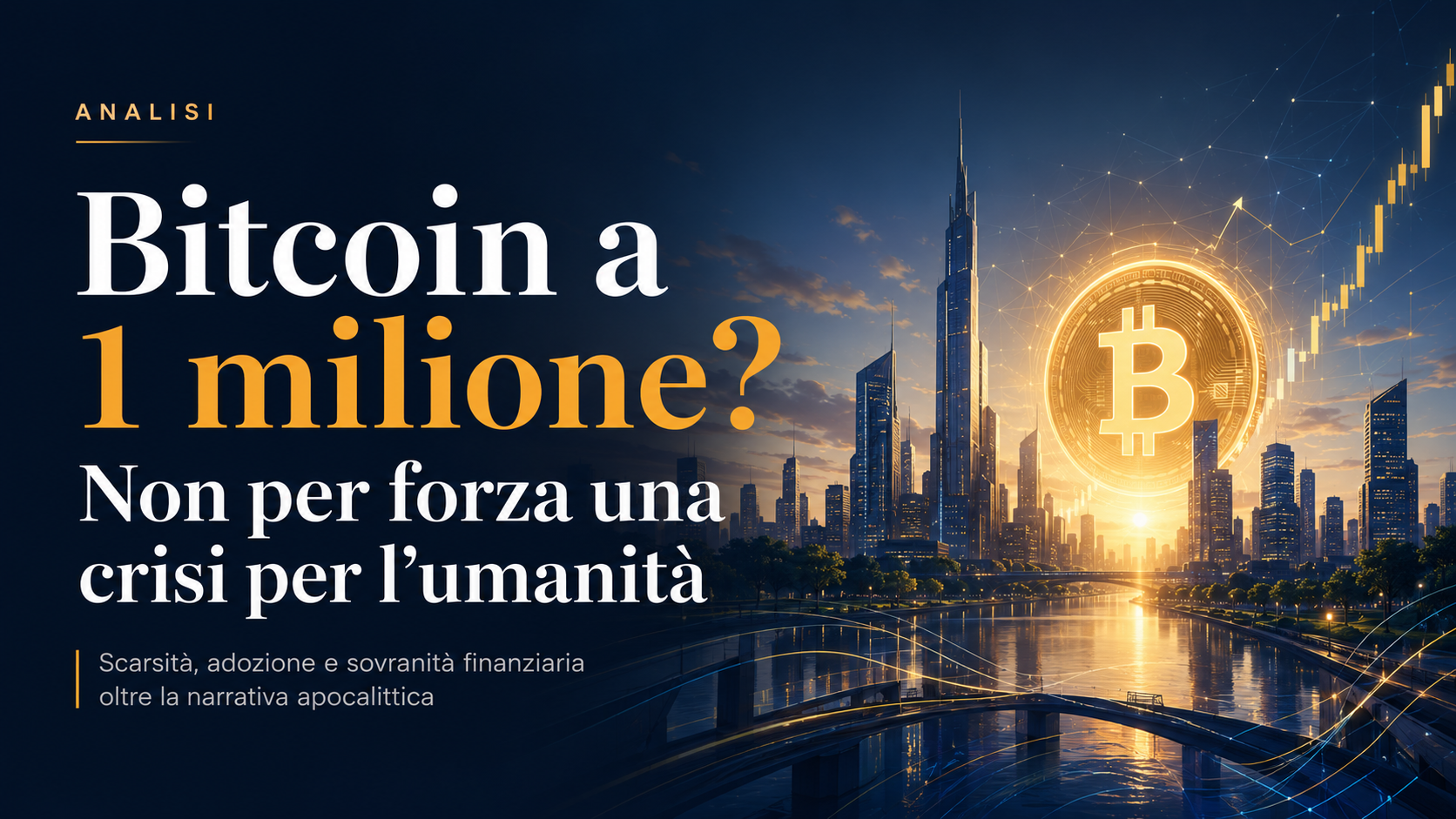 Top banner Bitcoin a 1 milione con città futuristica e simbolo BTC, dedicato all’analisi oltre la narrativa apocalittica