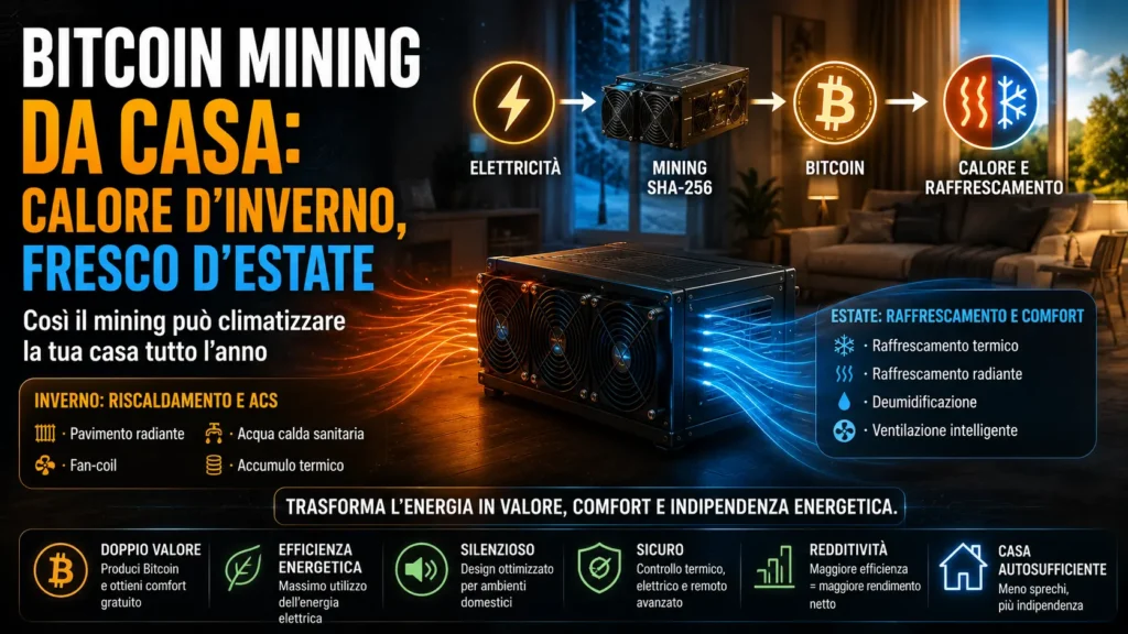 Bitcoin mining per climatizzare casa: come trasformare il calore degli ASIC in riscaldamento, acqua calda e raffrescamento