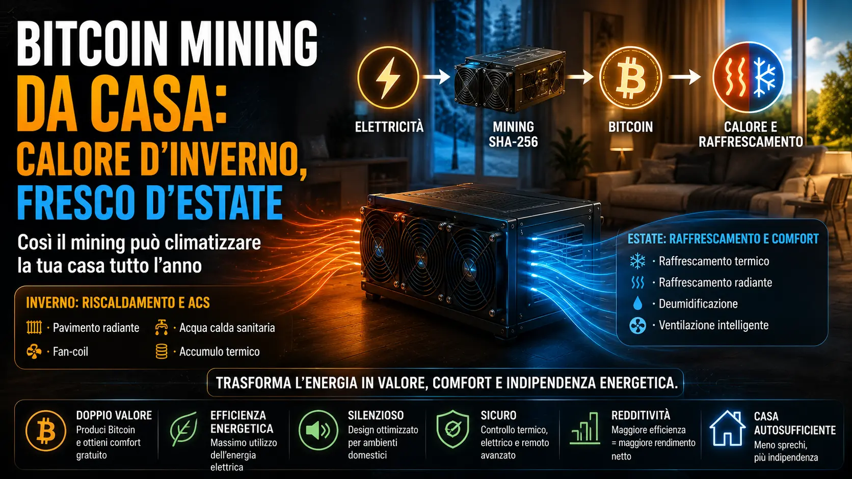Bitcoin mining per climatizzare casa recuperando il calore degli ASIC per riscaldamento acqua calda e raffrescamento