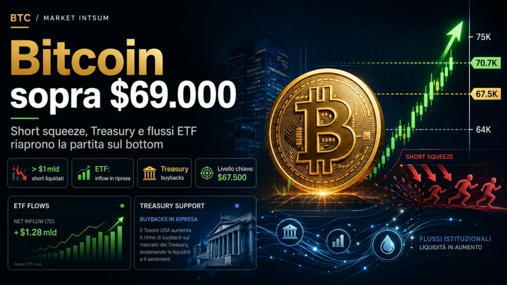 Bitcoin sopra 69.000: lo short squeeze anticipato da Stocco cambia la partita sul bottom?