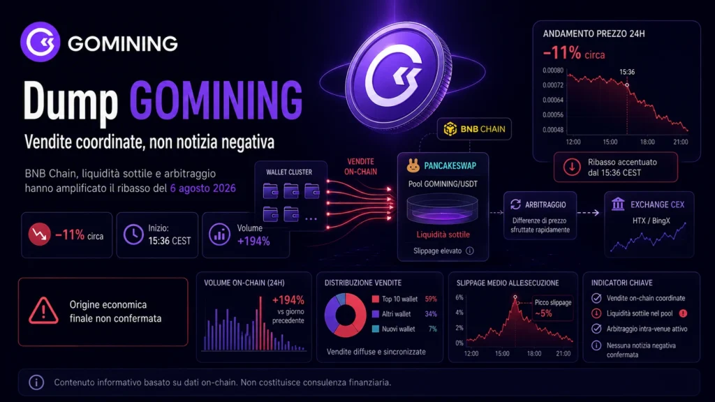 Dump GOMINING: cosa è successo davvero il 6 agosto 2026 tra vendite on-chain, BNB Chain e liquidità sottile