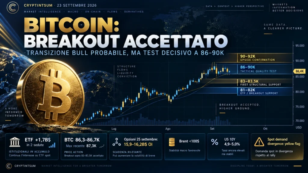 Bitcoin sopra 86.000 dollari dopo il breakout di 83.500, con forti inflow negli ETF e test della nuova fase bull nel report intelligence del 23 settembre 2026
