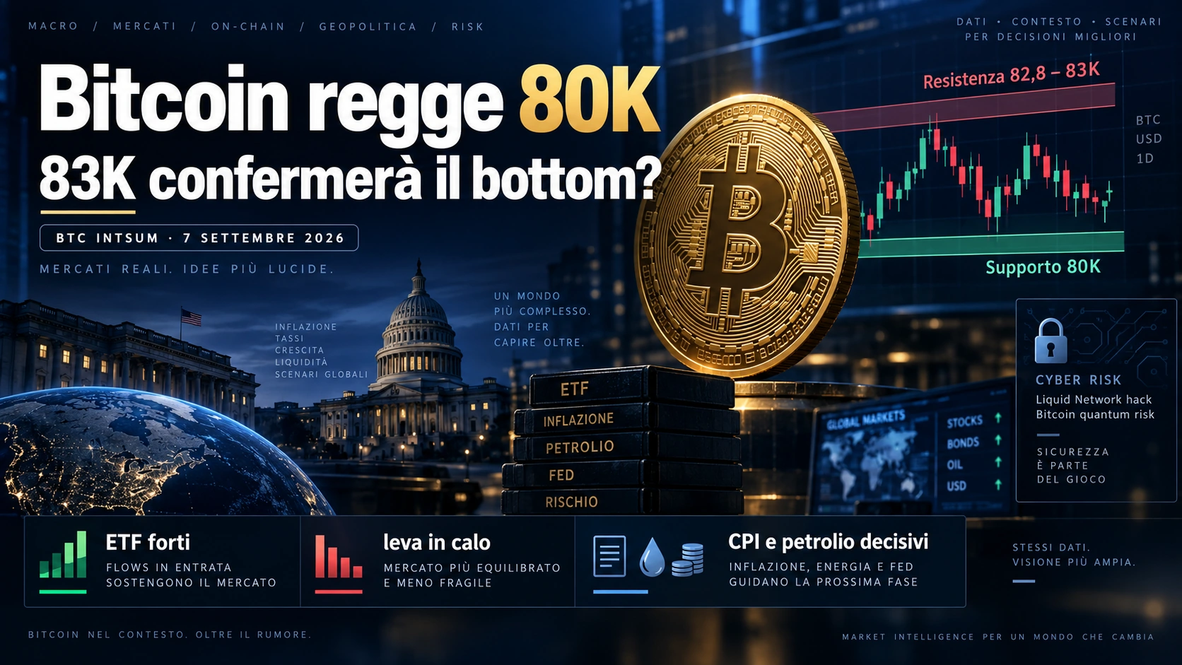 Bitcoin 83000 con BTC intorno a 80K tra CPI, ETF e rischio cyber