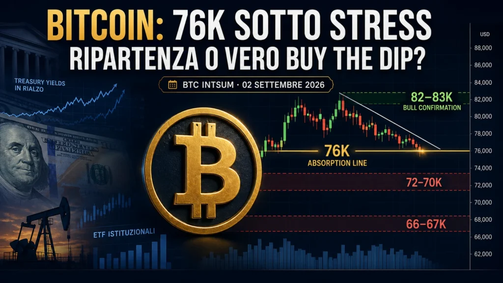 Bitcoin settembre 2026 con supporto a 76K e scenari di retest verso 72K e 69K