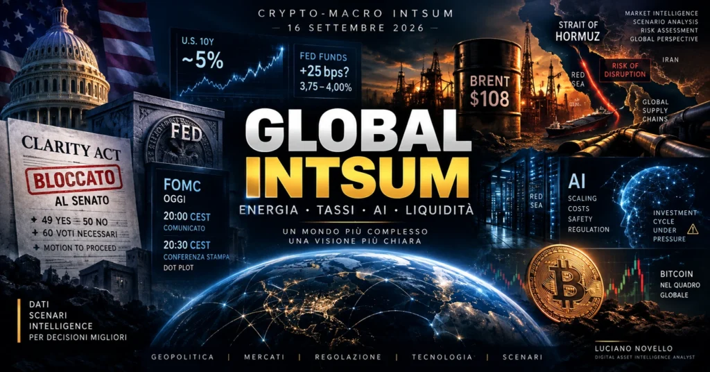 Bitcoin sotto pressione dopo il voto del Senato USA sul CLARITY Act mentre i mercati attendono la decisione FOMC del 16 settembre 2026