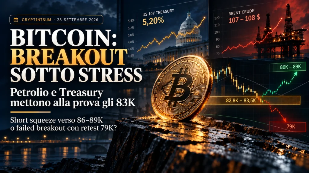 Bitcoin torna nell’area critica degli 83.000 dollari mentre petrolio e rendimenti Treasury USA aumentano il rischio macro il 28 settembre 2026