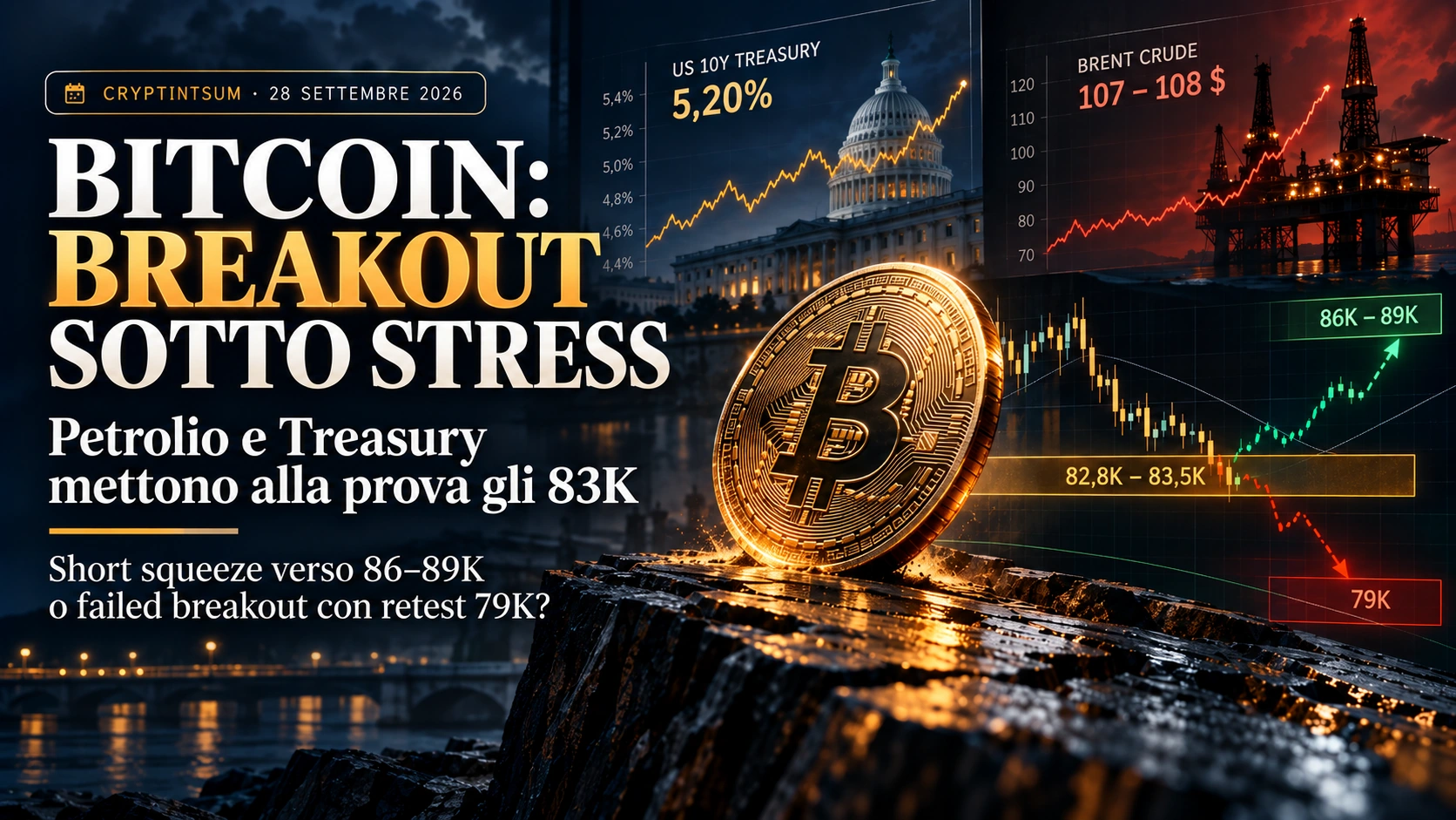 Bitcoin torna nell’area critica degli 83.000 dollari mentre petrolio e rendimenti Treasury USA aumentano il rischio macro il 28 settembre 2026
