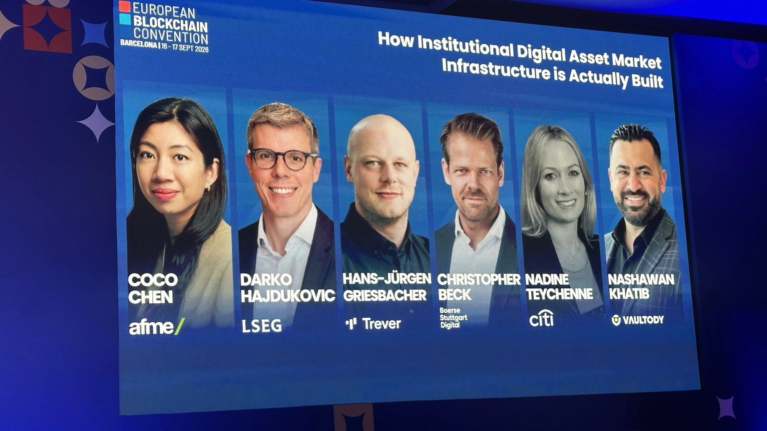 Relatori EBC 2026 del panel sull’infrastruttura digital asset istituzionale moderato da Coco Chen di AFME