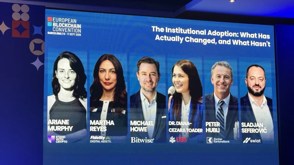 Relatori del panel Institutional Adoption alla European Blockchain Convention 2026 su digital asset, tokenizzazione e infrastruttura finanziaria