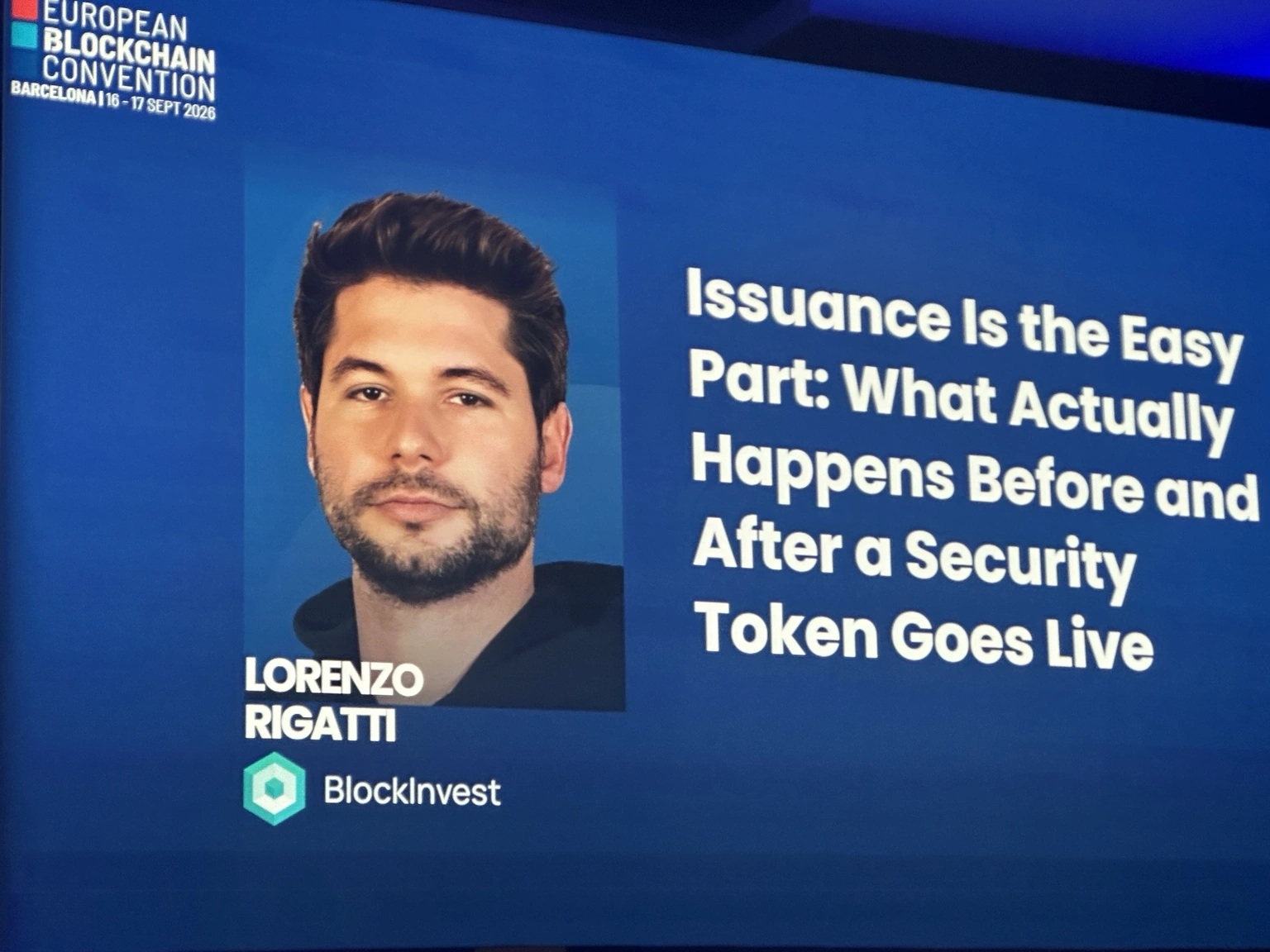 Lorenzo Rigatti di BlockInvest e titolo Issuance Is the Easy Part alla European Blockchain Convention 2026