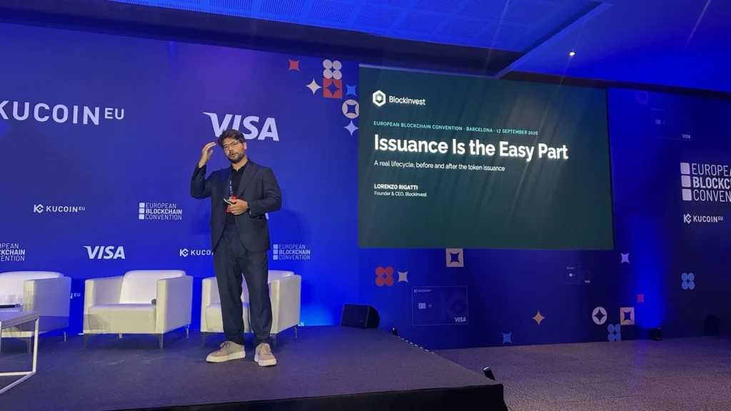 Lorenzo Rigatti di BlockInvest presenta il ciclo di vita degli strumenti finanziari tokenizzati alla European Blockchain Convention 2026