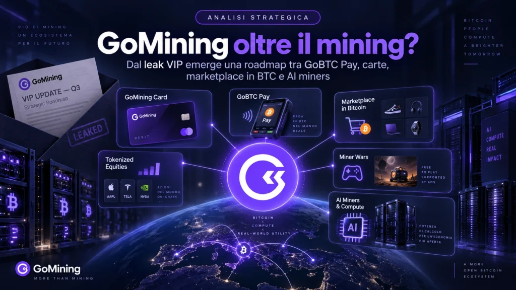 GoMining oltre il mining con roadmap su GoBTC Pay, carte, marketplace Bitcoin, tokenized equities e AI miners
