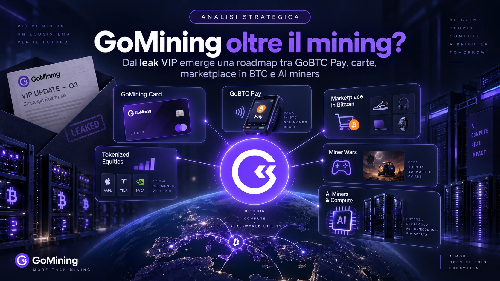 GoMining oltre il mining con roadmap su GoBTC Pay, carte, marketplace Bitcoin, tokenized equities e AI miners