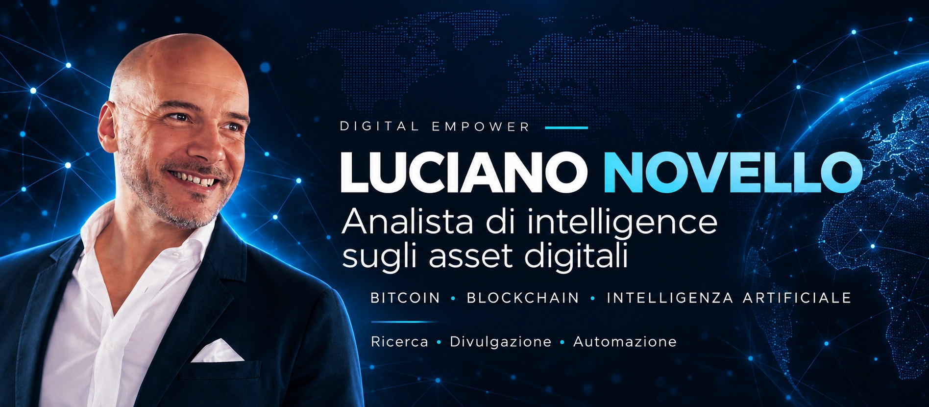 Luciano Novello, Digital Asset Intelligence Analyst, con grafica su Bitcoin, blockchain e intelligenza artificiale