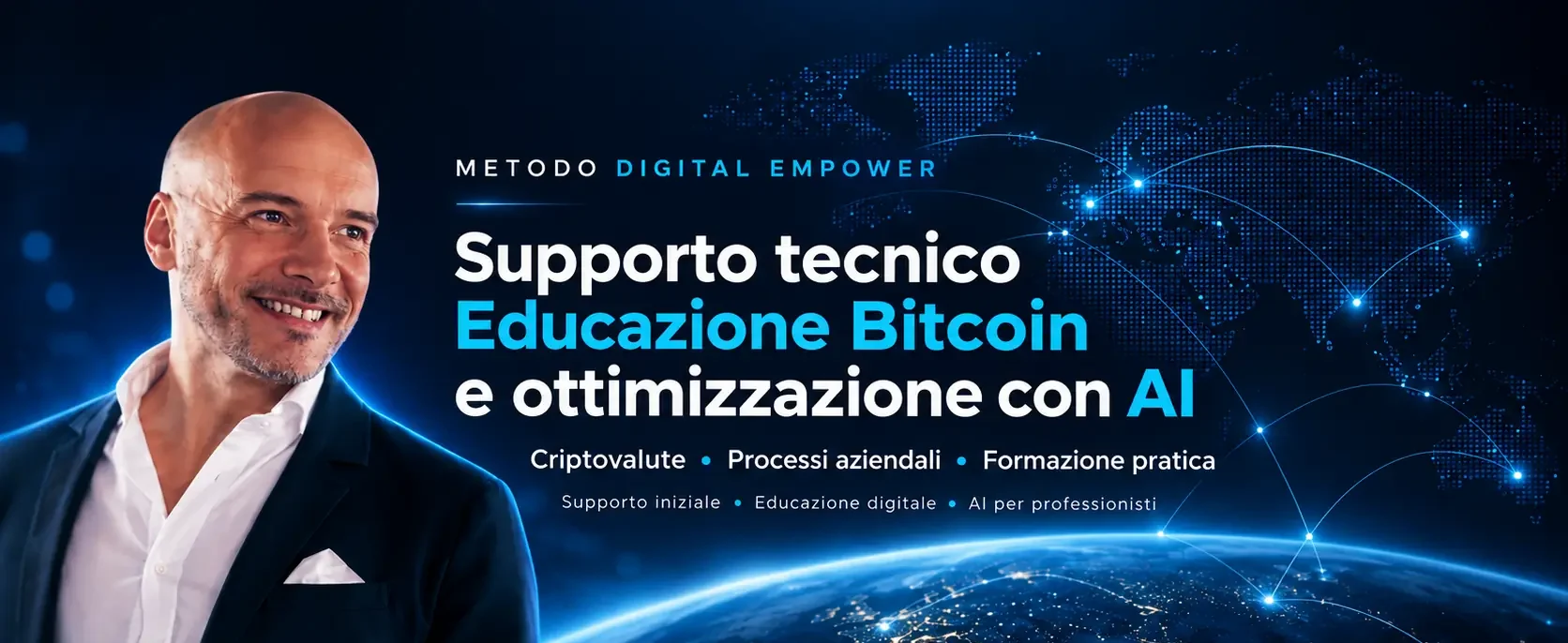 Luciano Novello, Digital Asset Intelligence Analyst, con grafica su Bitcoin, blockchain e intelligenza artificiale
