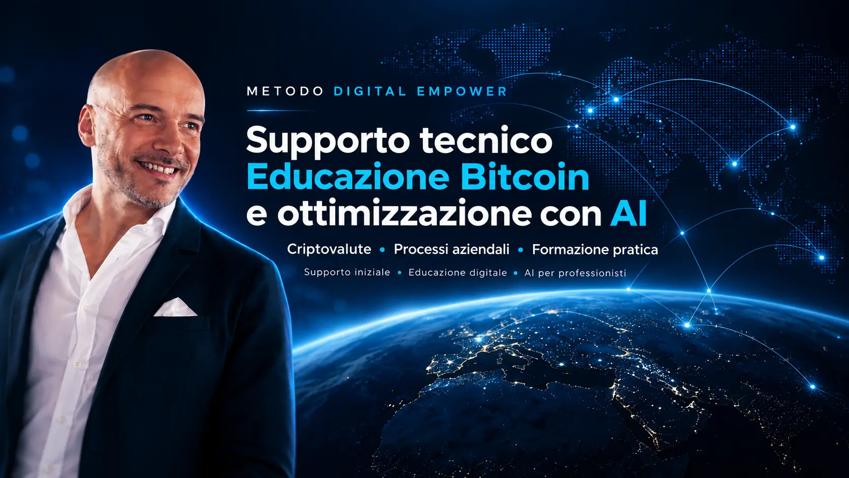Luciano Novello, Digital Asset Intelligence Analyst, con grafica su Bitcoin, blockchain e intelligenza artificiale