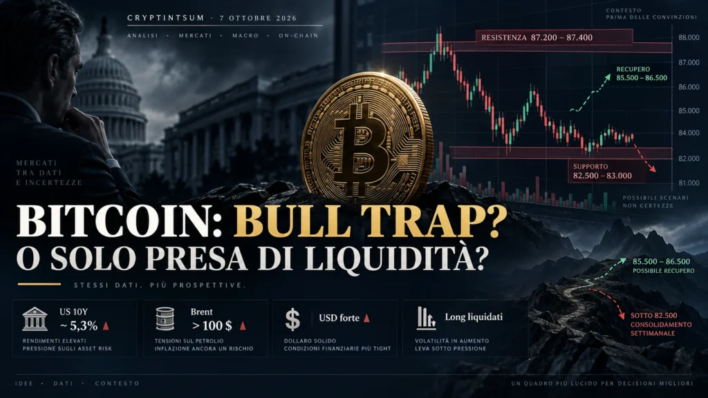 Bitcoin il 7 ottobre 2026 tra resistenza a 87.400 dollari, supporto a 82.500–83.000 e rischio bull trap dopo il deleveraging