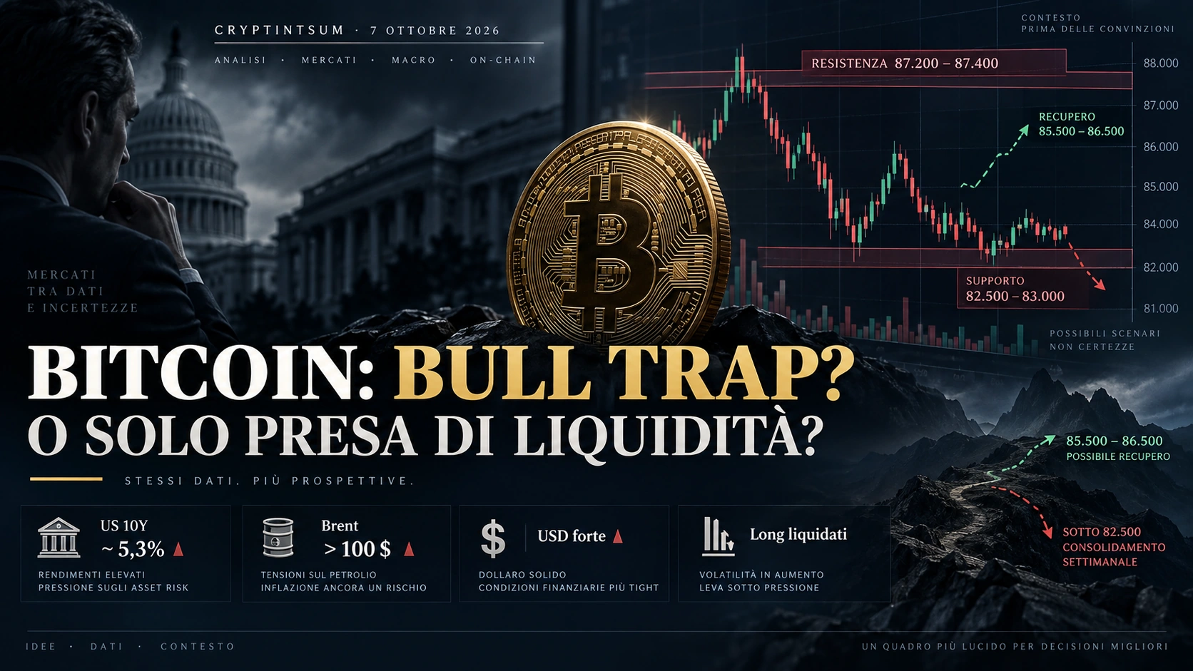 Bitcoin il 7 ottobre 2026 tra resistenza a 87.400 dollari, supporto a 82.500–83.000 e rischio bull trap dopo il deleveraging
