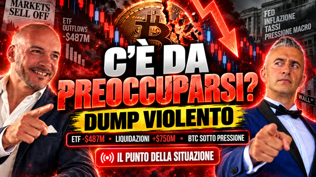 Copertina della diretta Bitcoin dopo il dump, con il titolo C’è da preoccuparsi? e grafici ribassisti