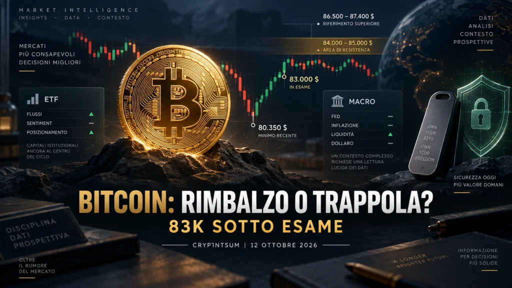 Bitcoin vicino a 83.000 dollari dopo il recupero dal minimo di 80.350, tra resistenze di mercato, flussi ETF e sicurezza degli hardware wallet.