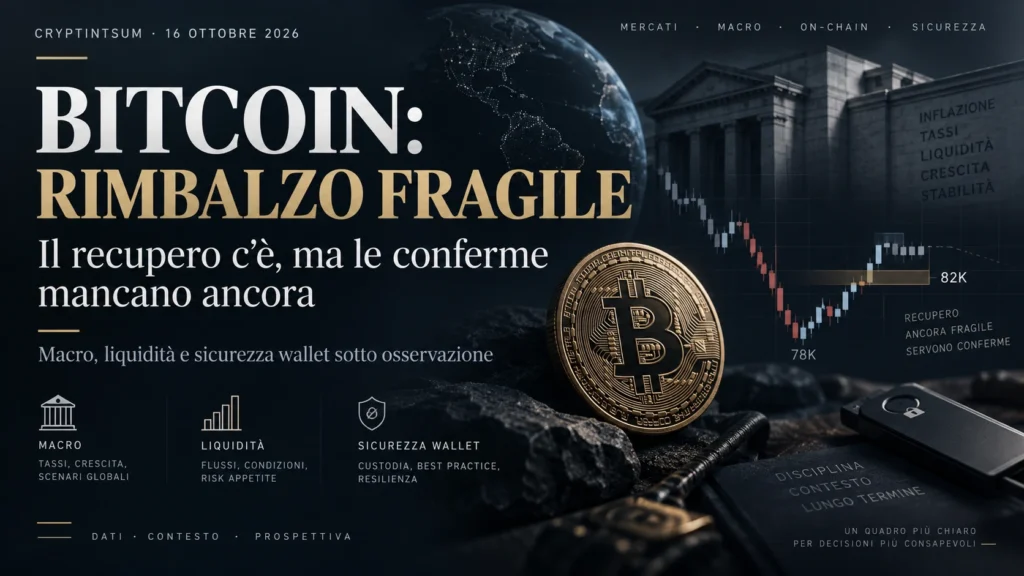 Copertina Bitcoin 16 ottobre 2026: rimbalzo fragile, liquidità e sicurezza dei wallet