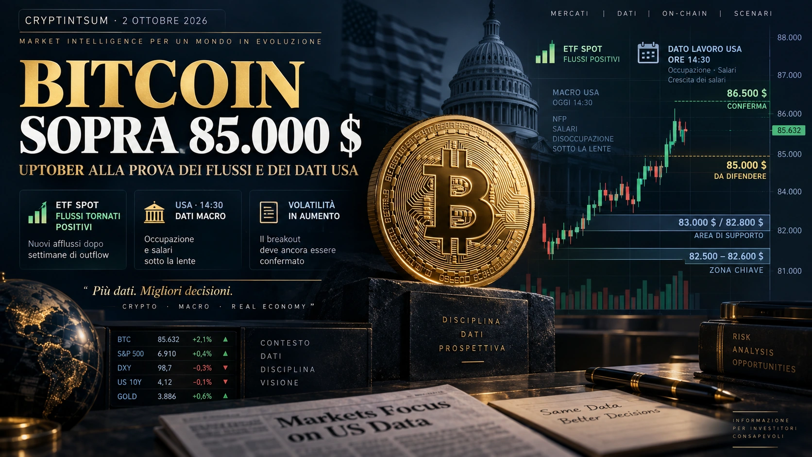 Uptober 2026: Bitcoin sopra 85.000 dollari tra flussi ETF, dati sul lavoro USA e livelli di conferma