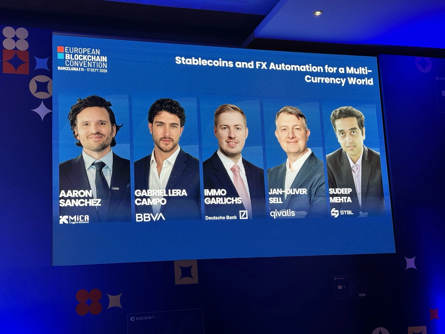 Relatori EBC 2026 del panel Stablecoins and FX Automation: Aaron Sanchez, Gabriel Lera Campo, Immo Garlichs, Jan-Oliver Sell e Sudeep Mehta